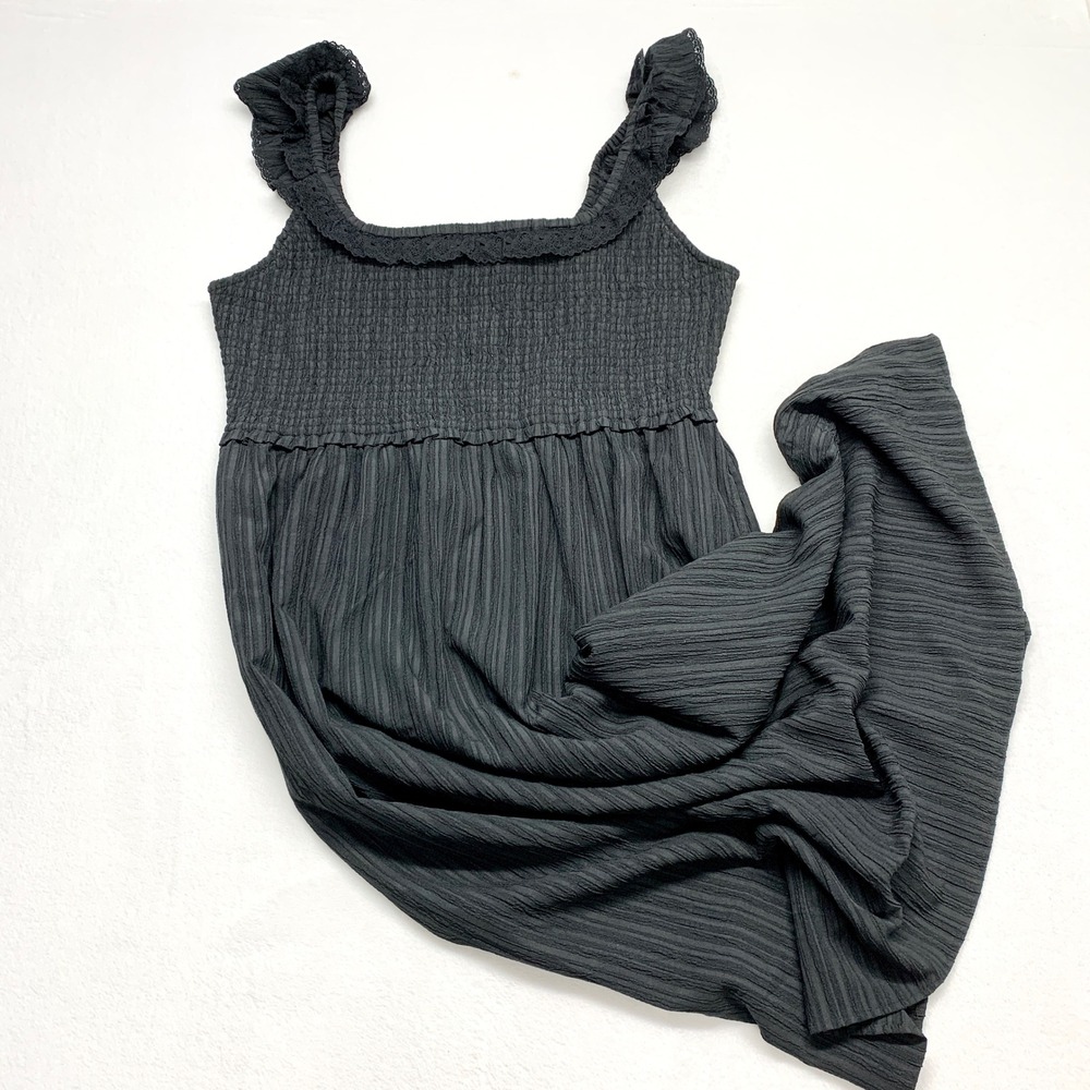 American Eagle Smocked Ruffle Maxi Dress Womens XL Black Boho Lace Polyester